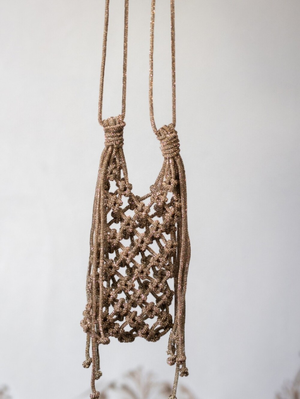 Handwoven Beaded Crossbody Phone Bag in Metallic Brown